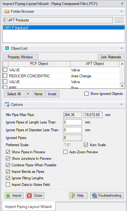 The Import Piping Layout Wizard for Piping Component Files.